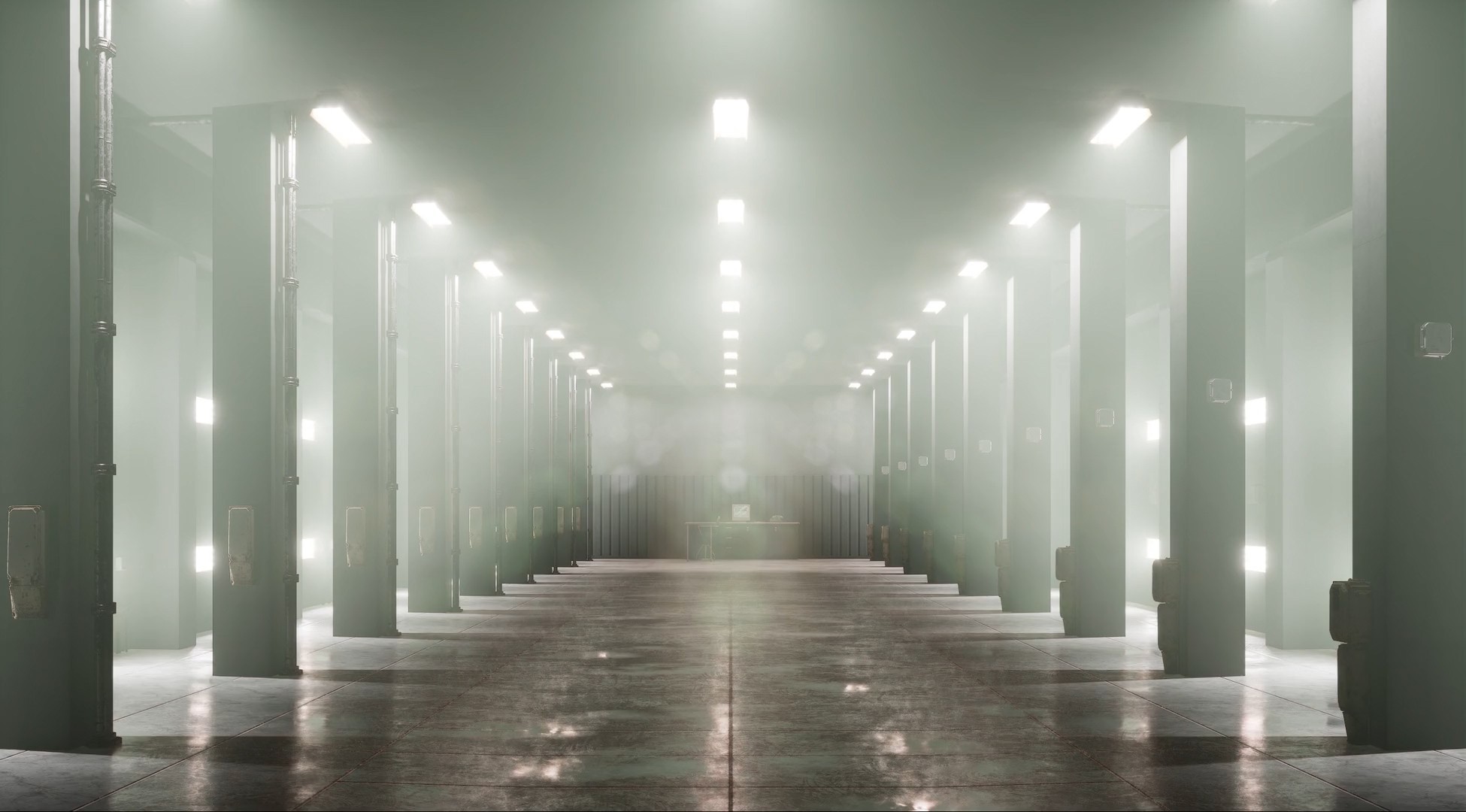 Long, dimly lit hallway with columns and overhead lights.