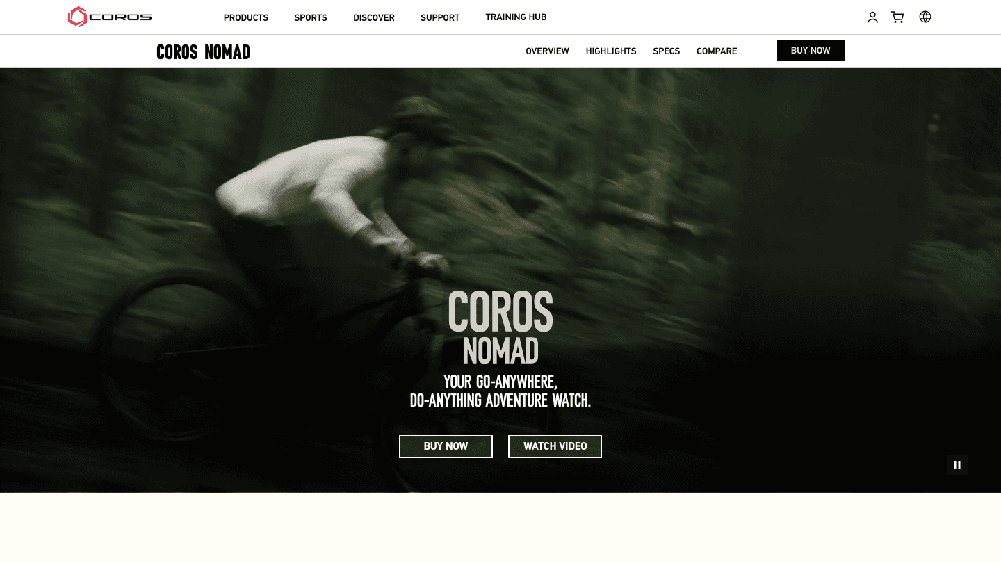 Coros Nomad website hero showing the go-anywhere adventure watch