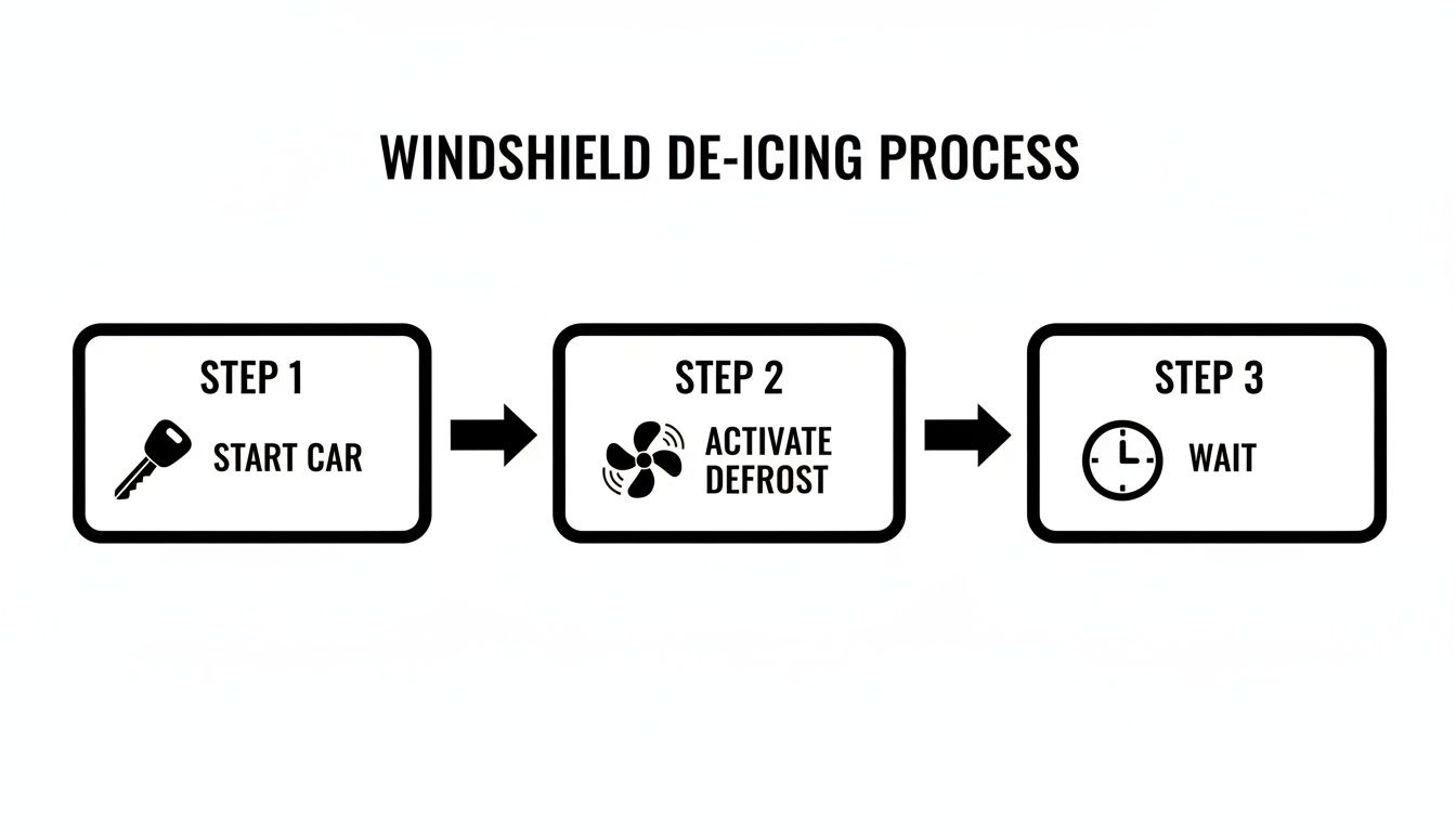 A three-step diagram illustrates the windshield de-icing process: start car, activate defrost, and wait.