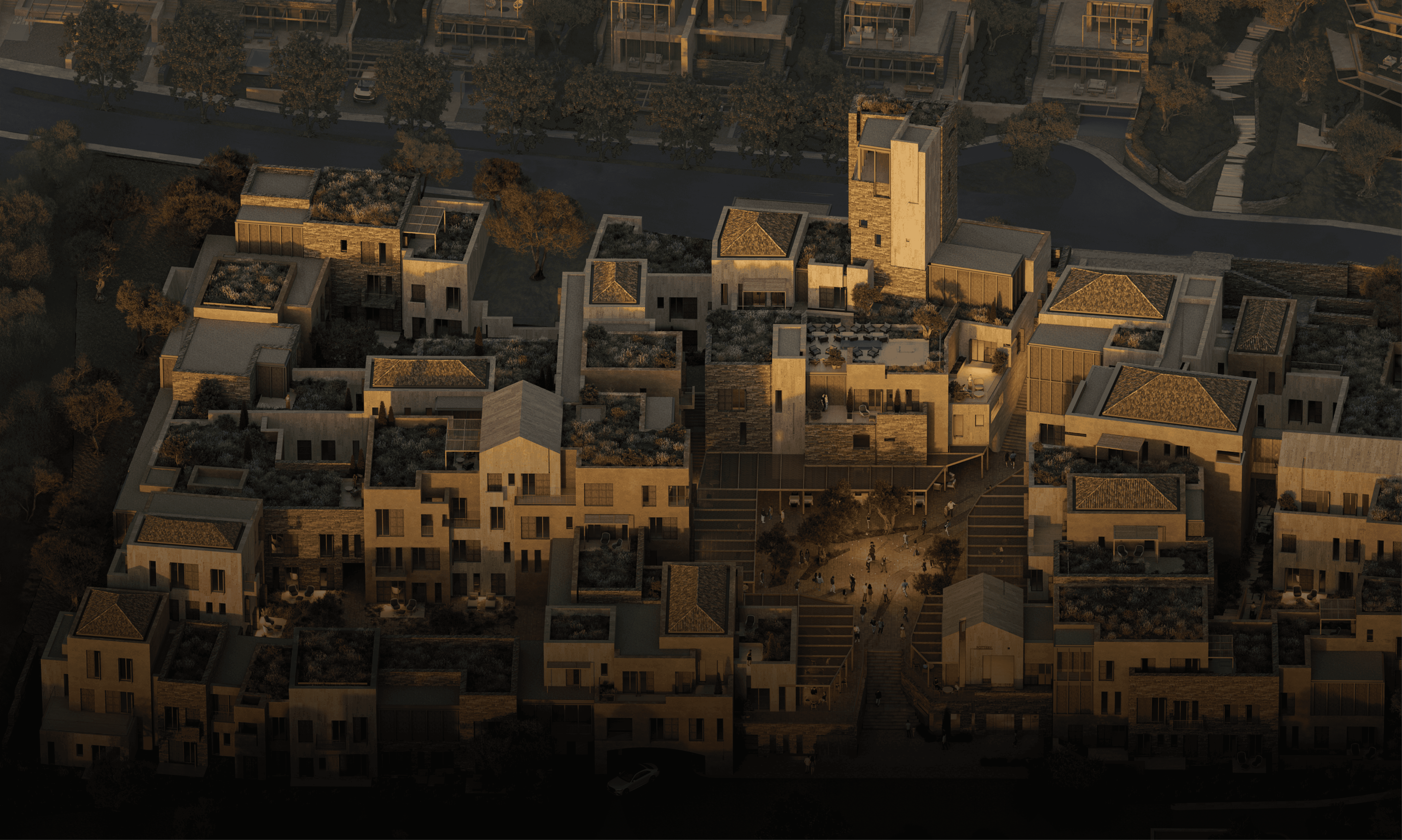 Evening aerial view of Green Coast Village featuring stone villas with illuminated green rooftops.