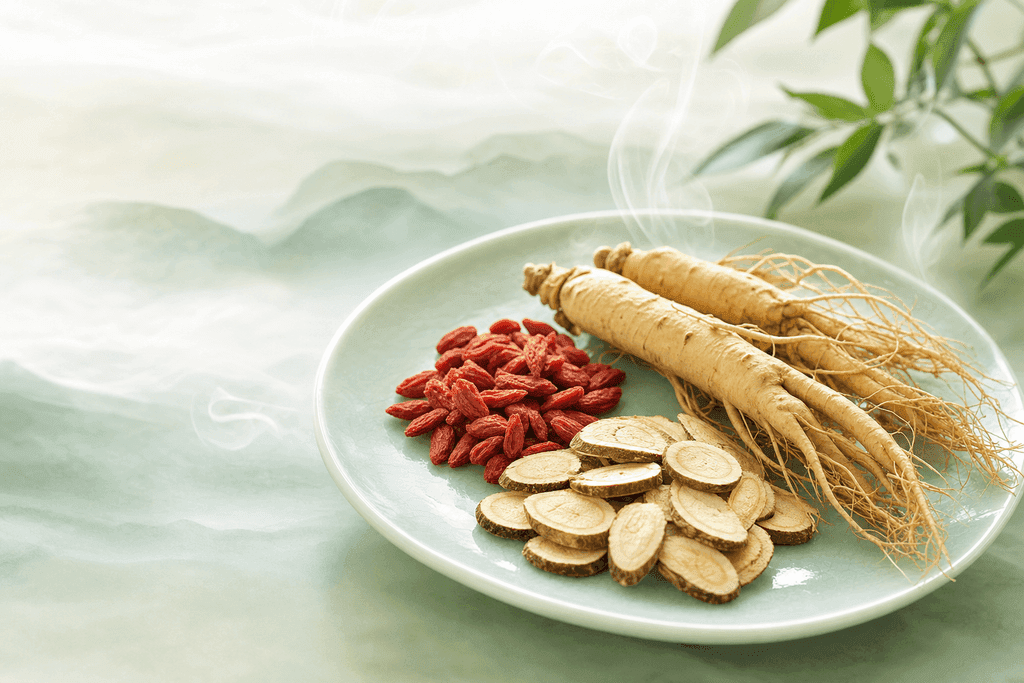 A clean, modern still life arrangement of classic Chinese herbs such as ginseng roots, dried goji berries, and slices of licorice root displayed neatly on a soft jade-colored ceramic plate, surrounded by delicate wisps of steam and illuminated by gentle, diffuse natural light. Set against a smooth, light pastel background with subtle gradients of soft green and ivory, the scene evokes a calm, rejuvenating atmosphere. No characters, text, or humans in the image.
