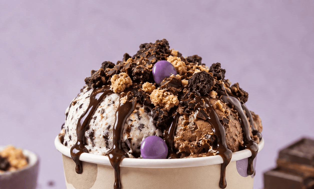 Coppetta Feelice molto golosa con gelato Oreo, cioccolato fondente, crumble, confetti colorati e gelato viola