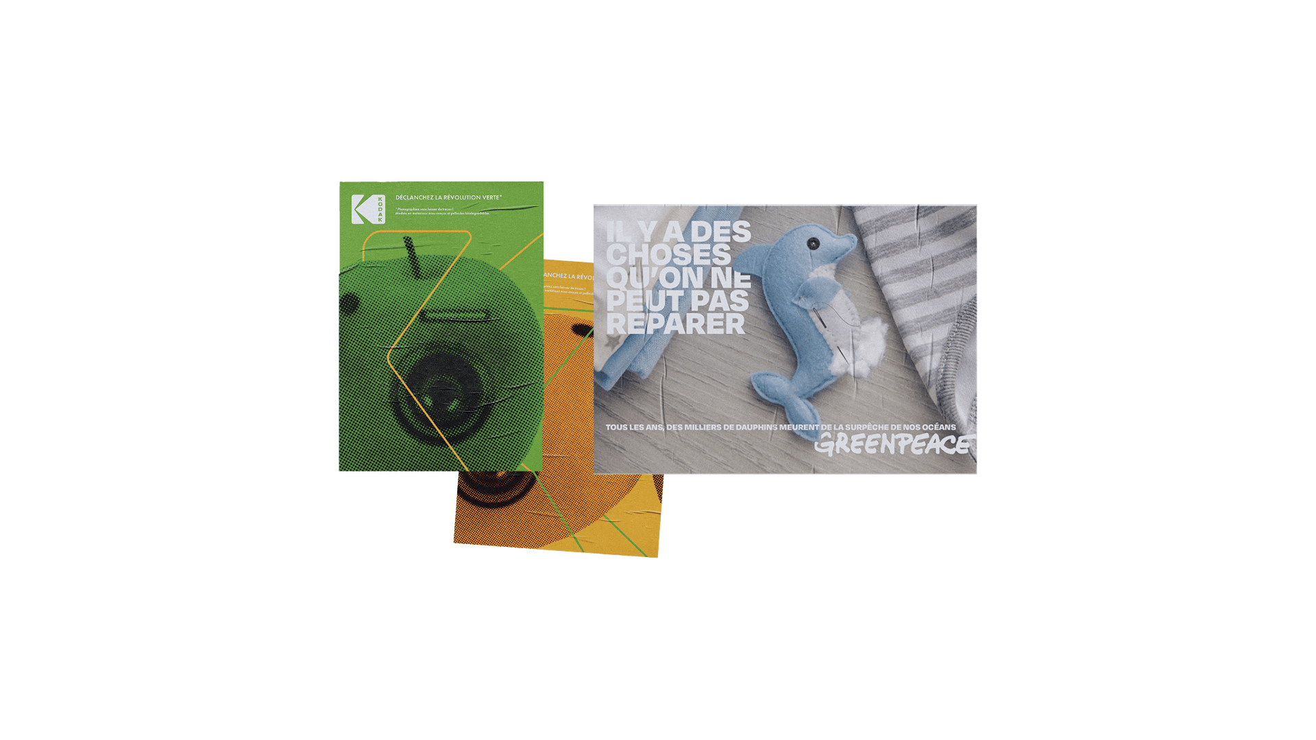 Une double affiche mettant en lumière deux grandes marques : Kodak et Greenpeace. La première joue sur des visuels colorés et dynamiques, tandis que la seconde adopte une approche plus poignante avec des images fortes en lien avec la protection des océans et de la faune marine.