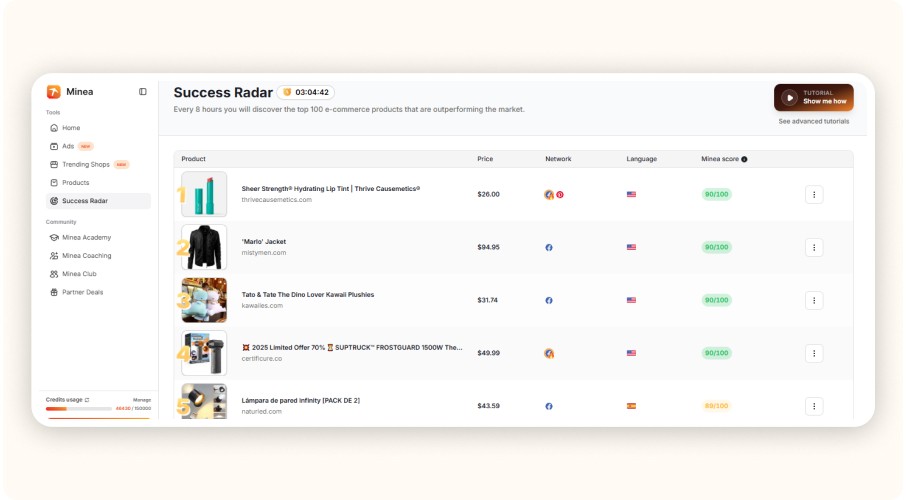 Minea Success Radar interface