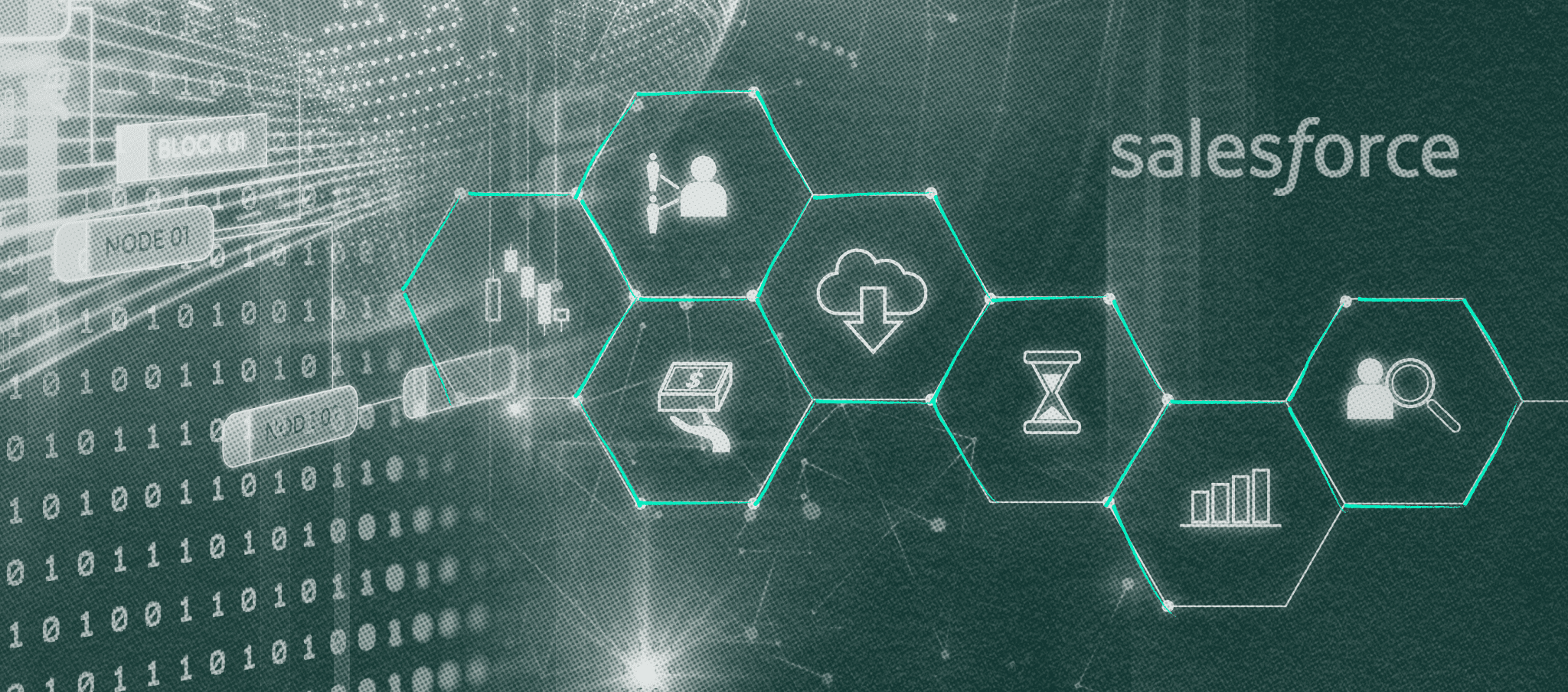 Diagram of automated data processes and integrations in Salesforce Marketing Cloud, represented by connected icons and data streams.