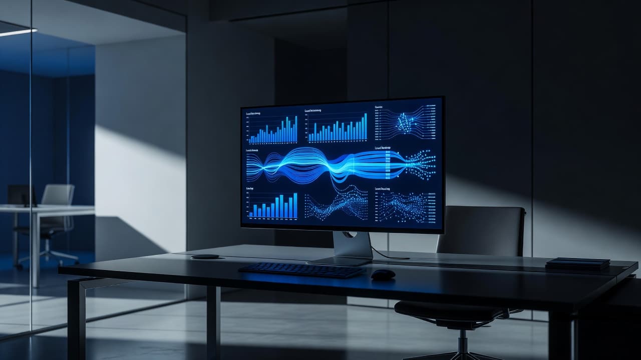 An illuminated computer monitor displays lead routing metrics inside a sleek modern office.