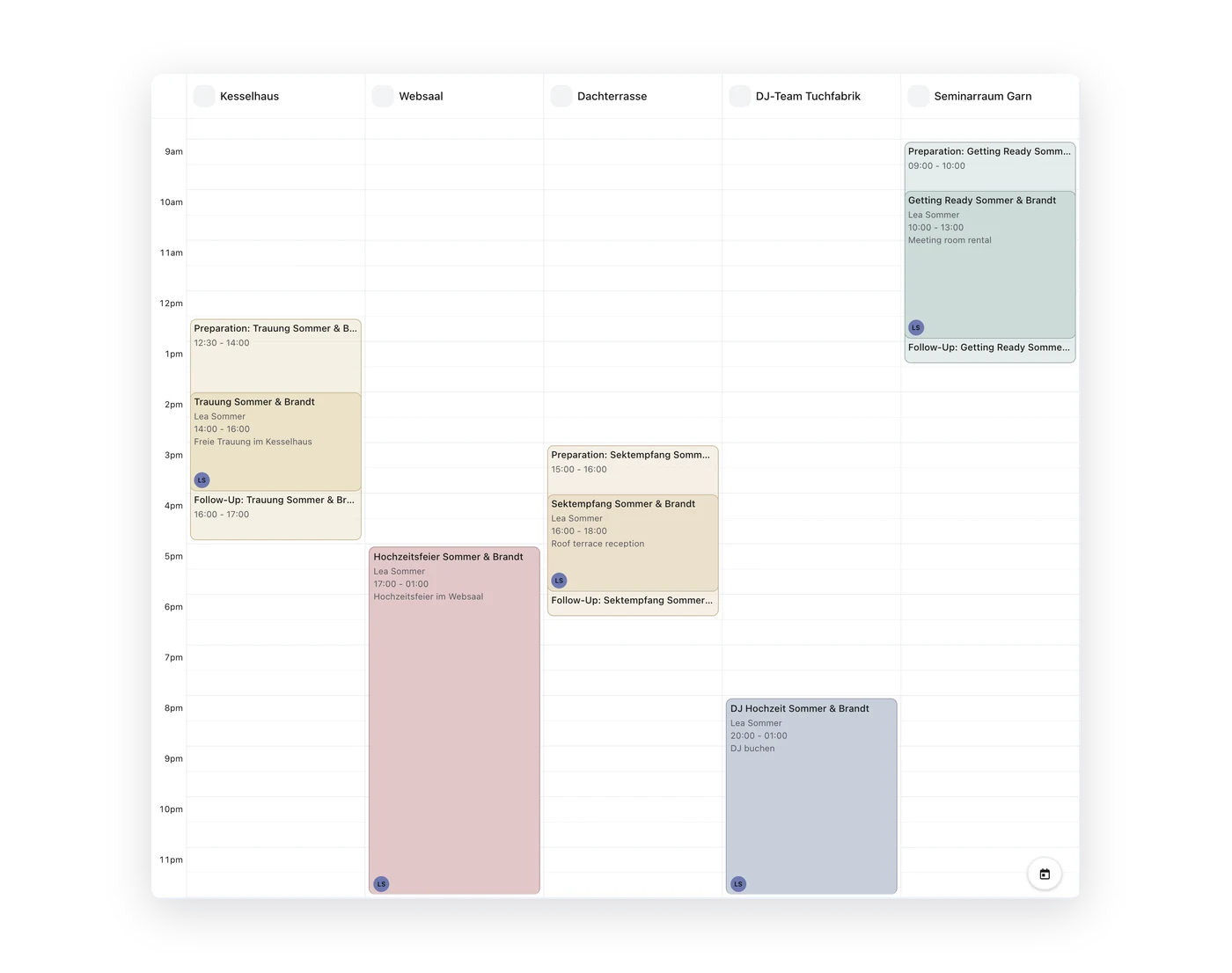 Wedding Saturday in the anny calendar across all spaces