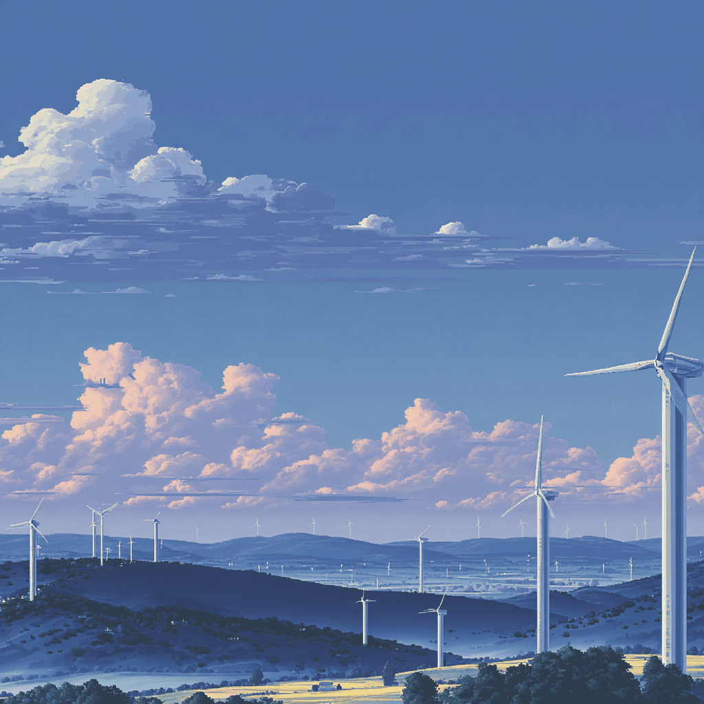 Art of wind farm and hills on a cloudy day.