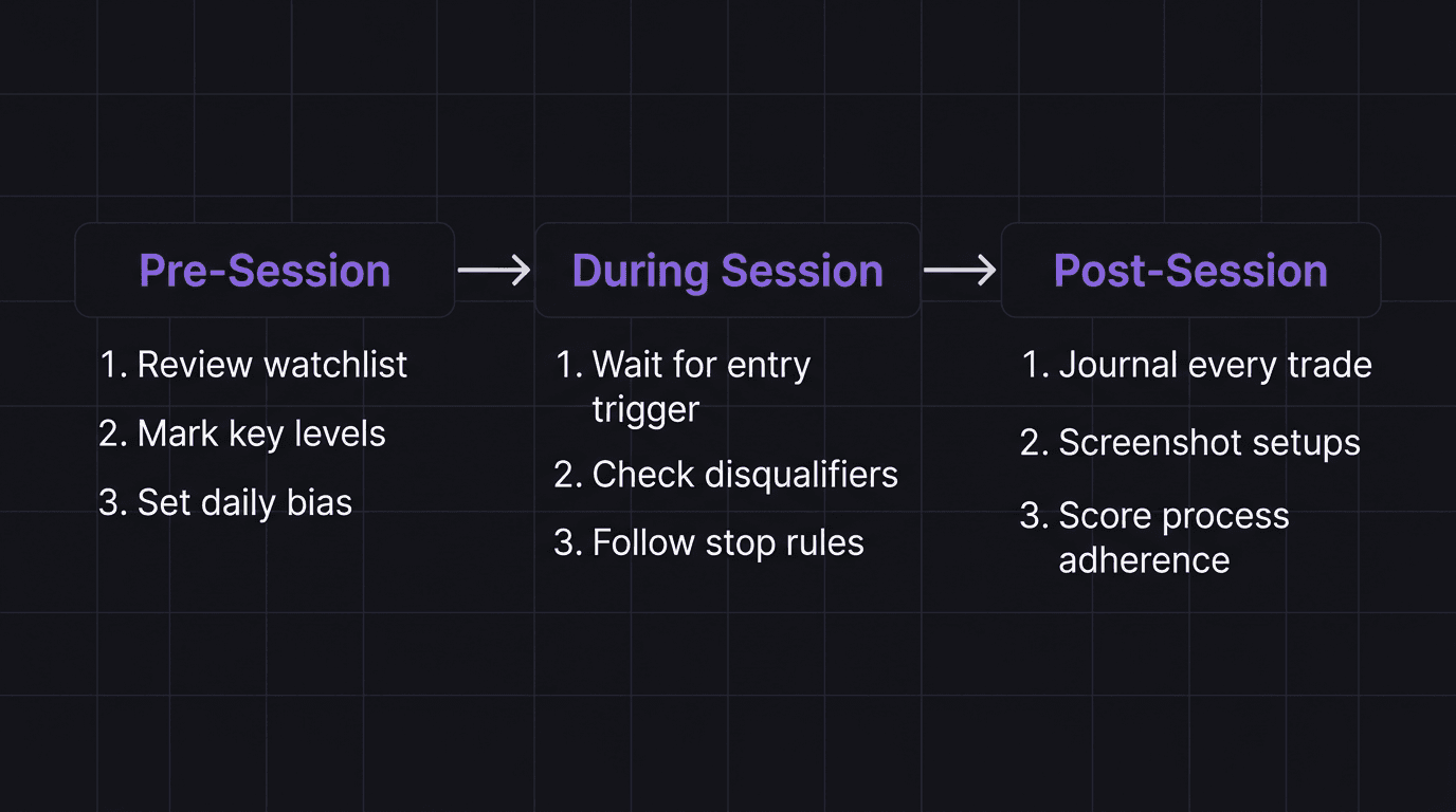 Flowchart showing three trading session phases with specific actions in each phase