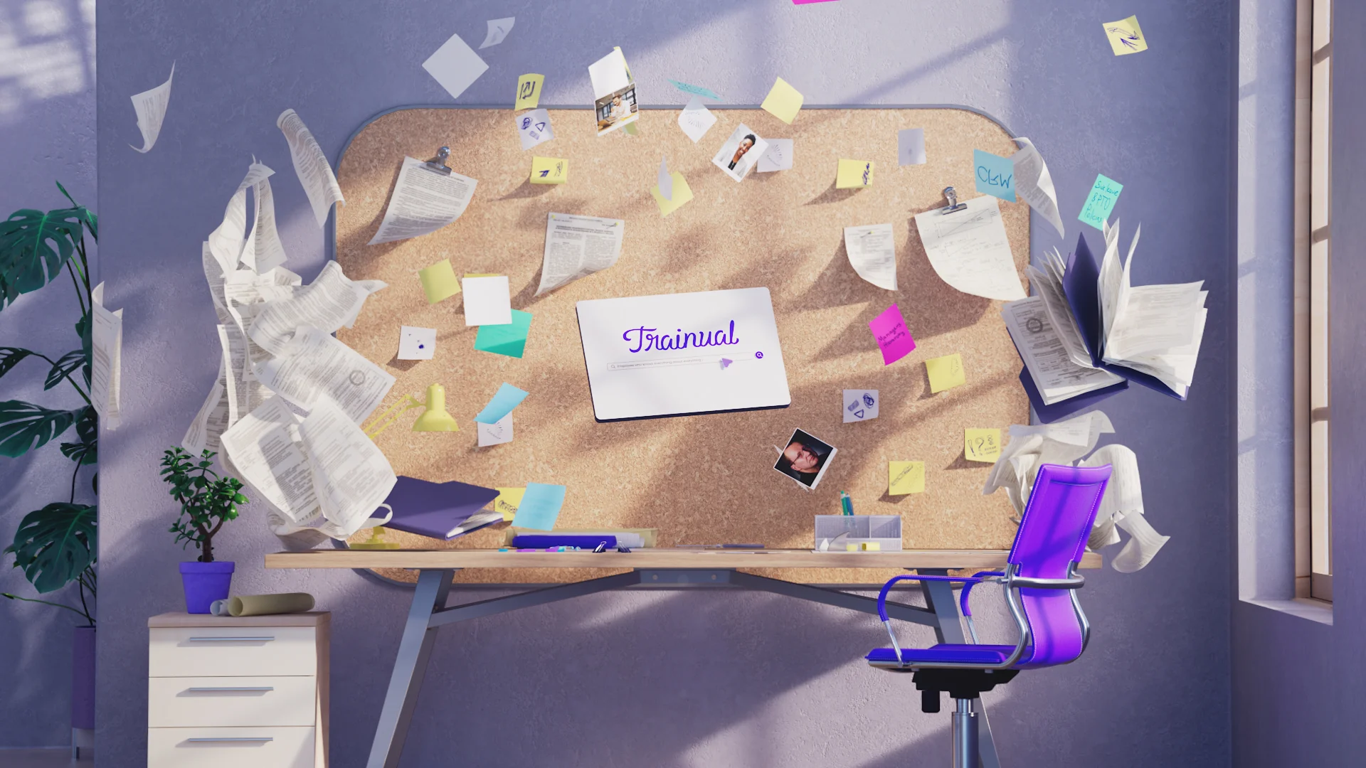 Creative motion graphics scene with floating papers and a tablet showing Trainual’s logo, symbolizing transformation from chaos to order.