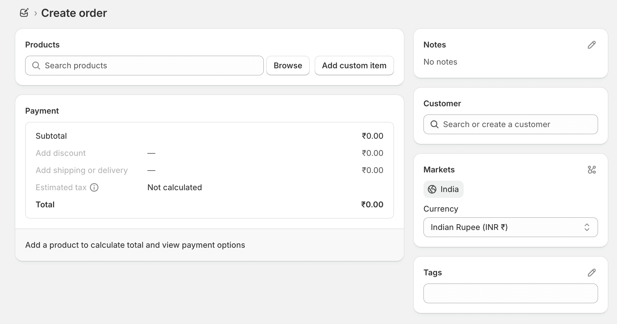 Create draft order page in Shopify admin