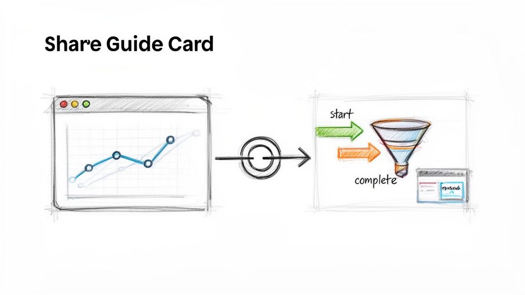 A sketched diagram illustrating sharing a guide card, showing a graph, process funnel, and output.