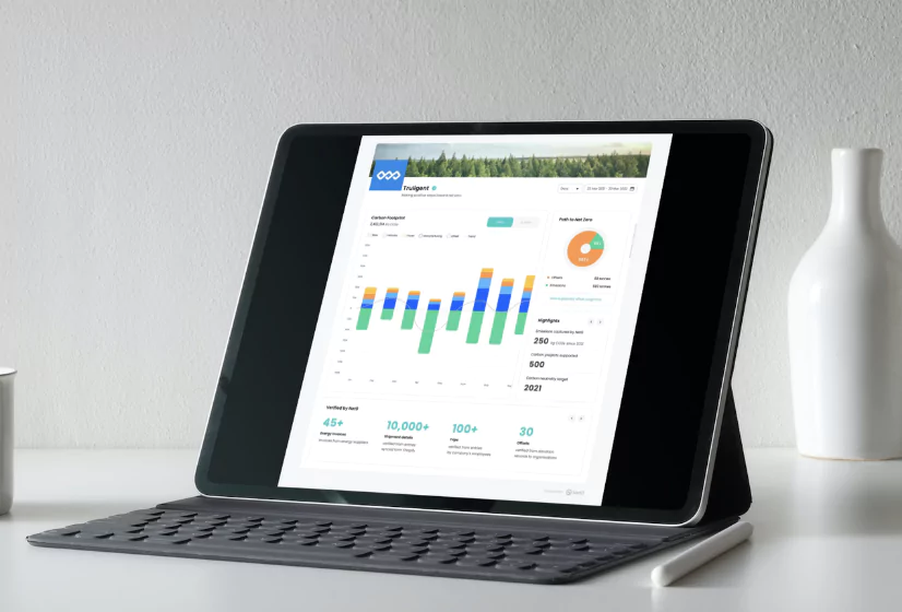 Net0 carbon accounting platform on a tablet that is propped up next to a white vase