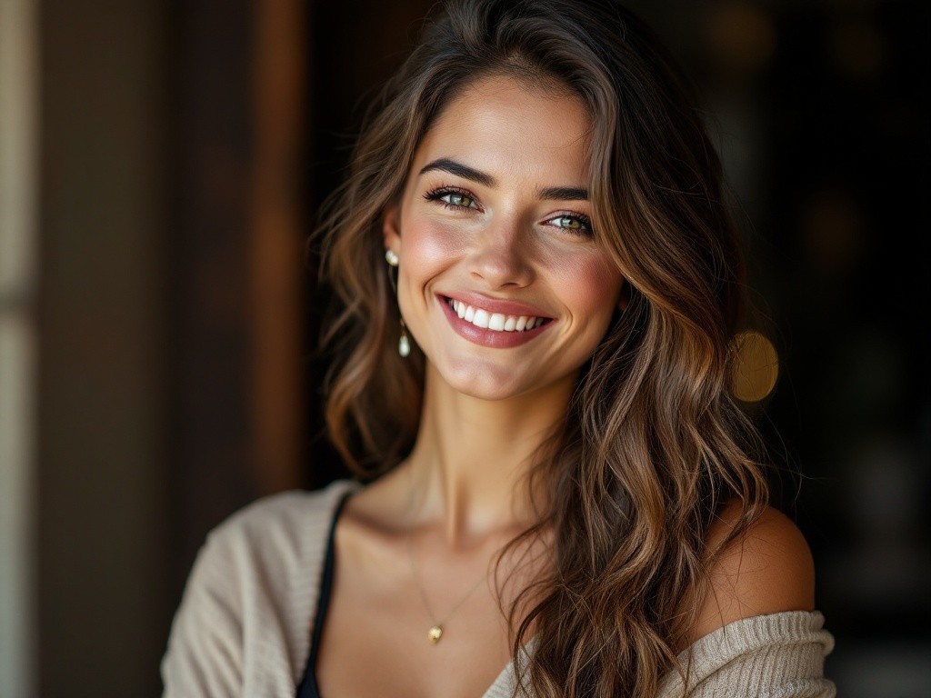 Close-up portrait of a smiling woman with long brown hair