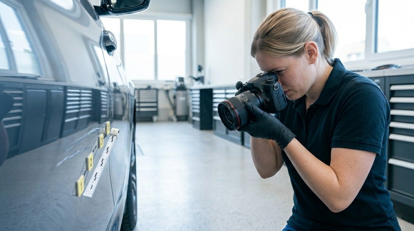 Beweismarker und Maßband an einem Lackschaden, Gutachter fotografiert