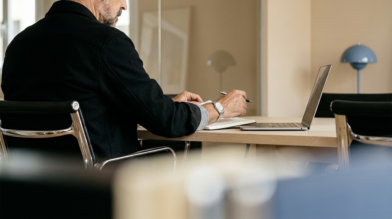 Person in a dark blazer taking notes beside a laptop at a wooden desk