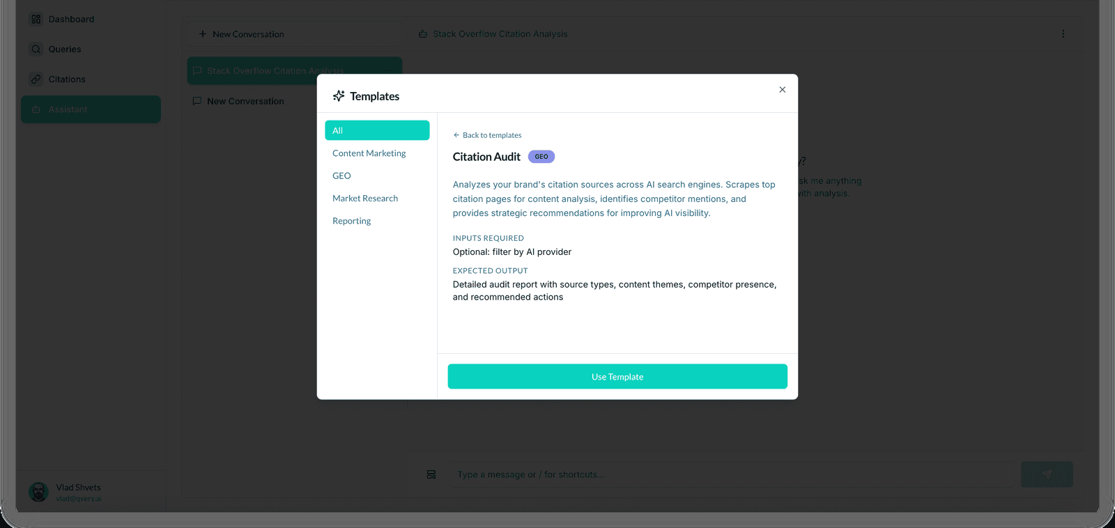 Qvery Assistant Templates panel showing the Citation Audit template, which analyzes a brand's citation sources across AI search engines and reports source types, content themes and competitor presence