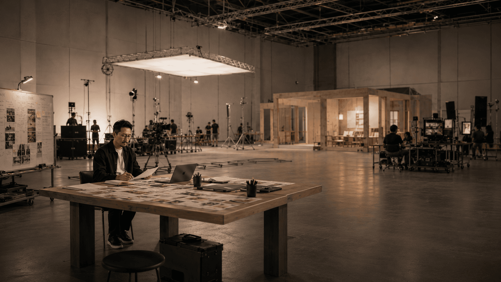 Person standing in a minimalist workspace, leaning against a desk with a laptop and notebooks, representing a calm and focused professional environment.