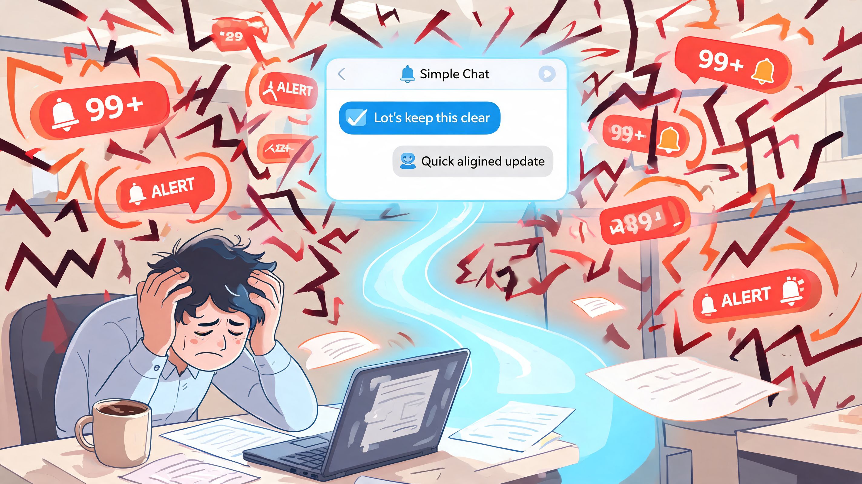An overwhelmed office worker feeling stressed by digital notifications while using a work chat application.