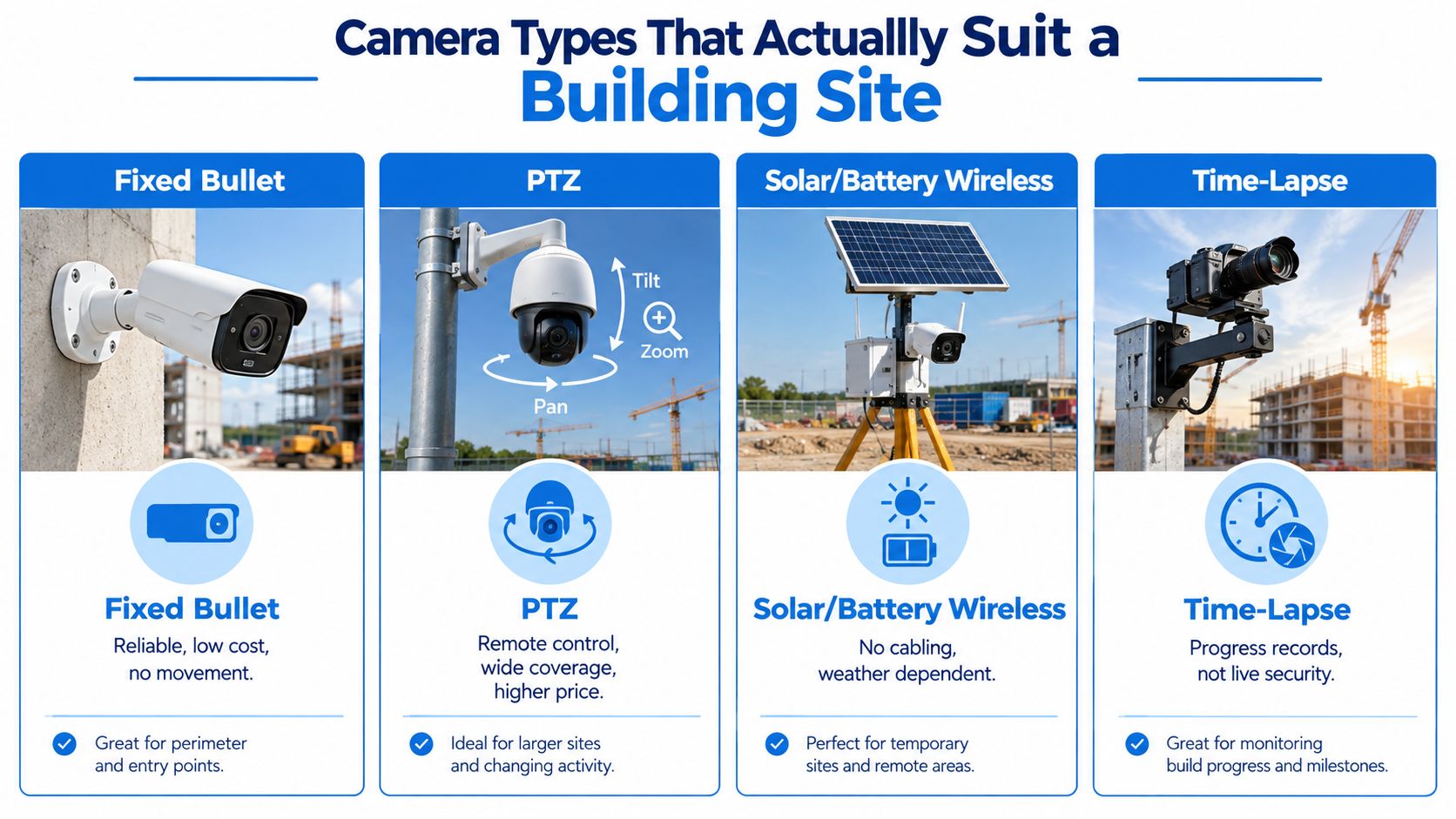 An infographic showing four different types of security cameras suitable for monitoring a construction site.