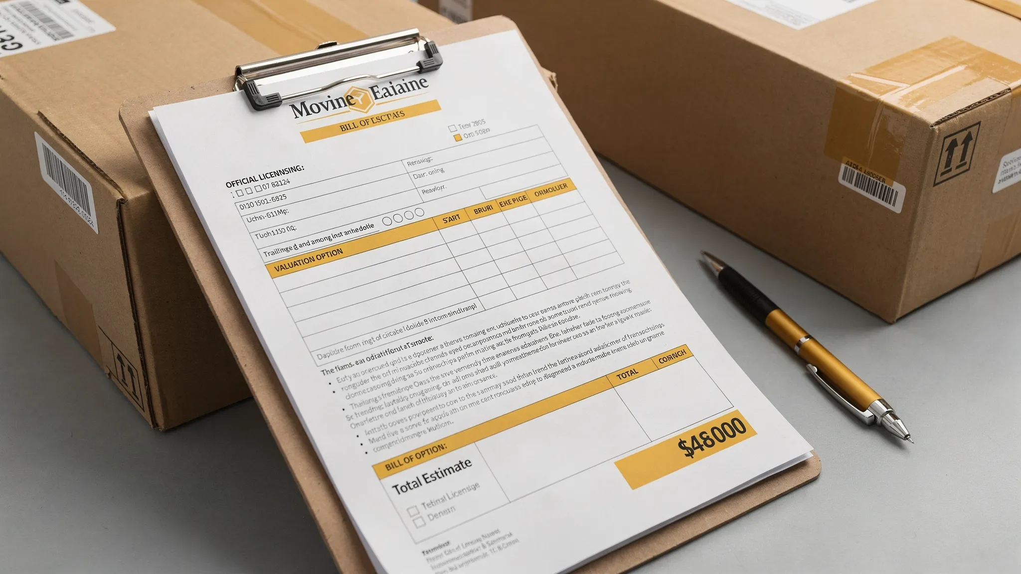 A close-up of a moving estimate and bill of lading on a clipboard beside moving boxes, with key fields highlighted like company name, licensing numbers, valuation option, and total estimate.