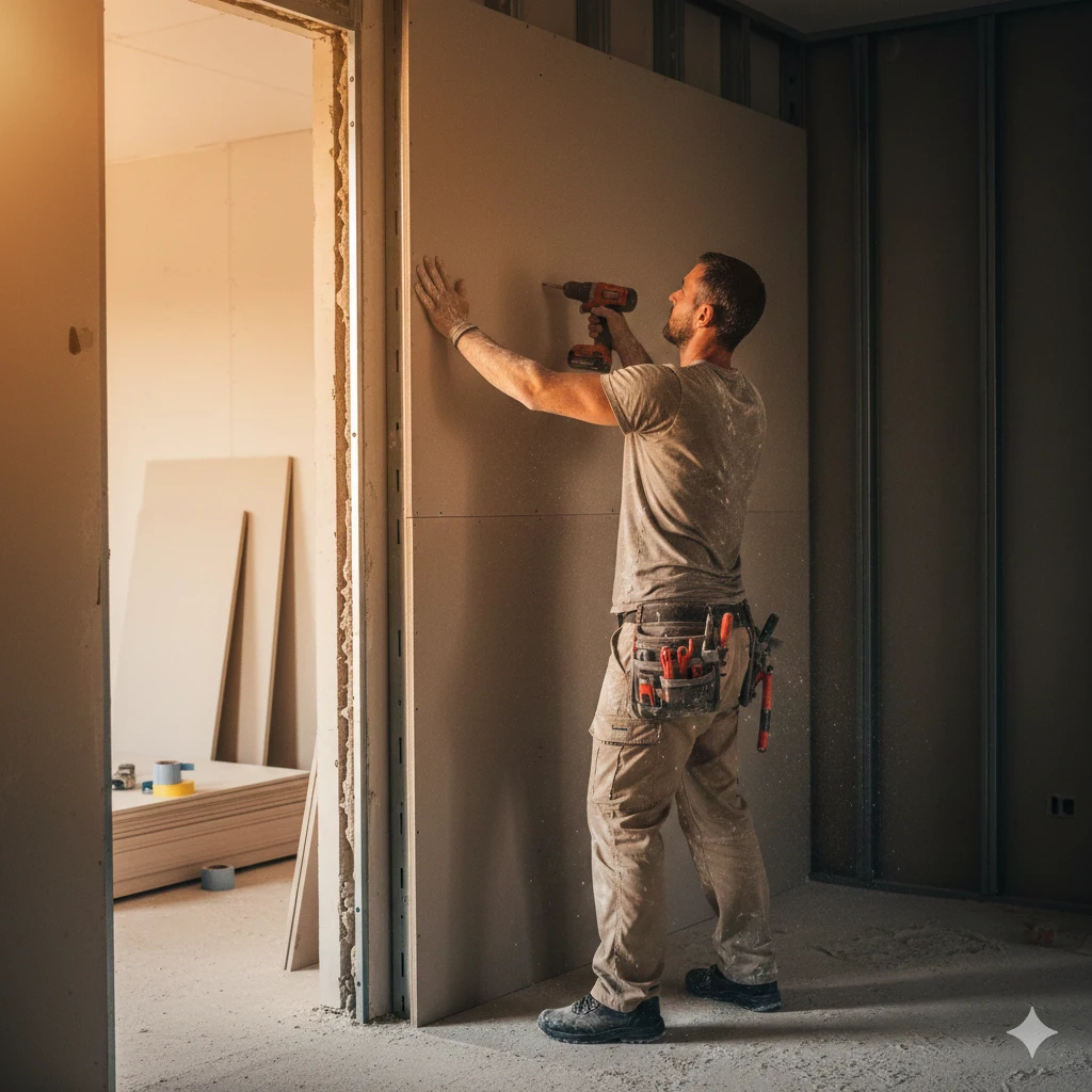 Plaquiste vissant une plaque de plâtre sur une ossature métallique