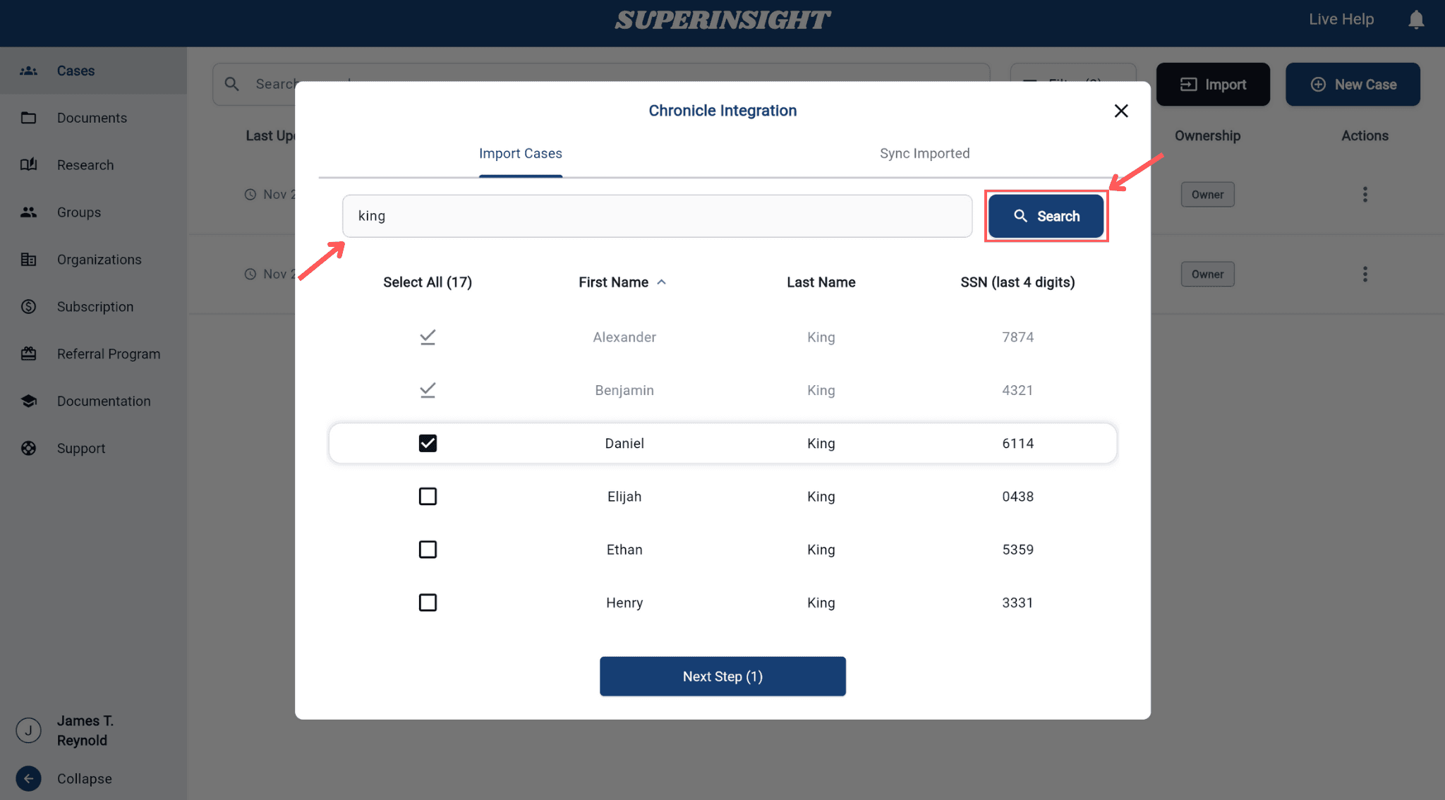 Case search in Superinsight showing Chronicle clients