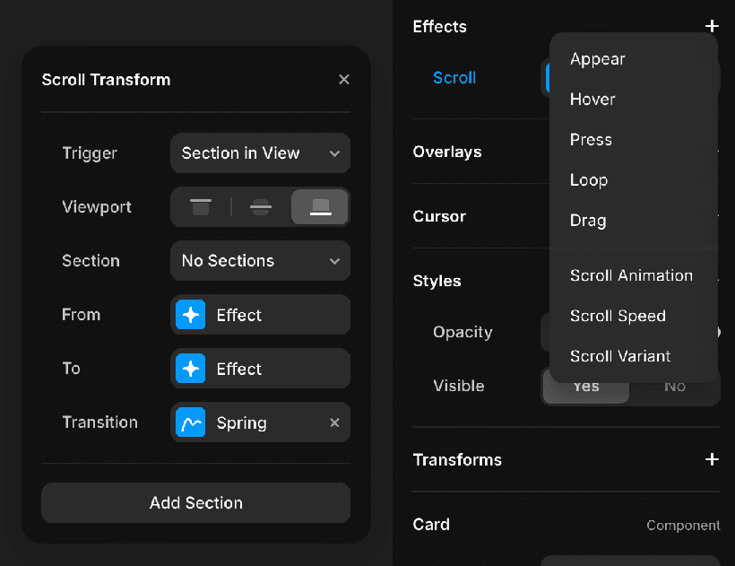 Vue sur la fenêtre Scroll Transform de Framer