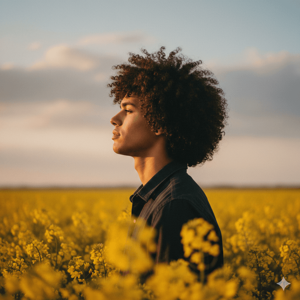A man with curly hair smiling in a field of yellow flowers at sunset.
