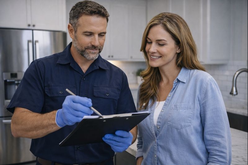 Owens Plumbing & Rooter technician discussing plumbing work with a Calabasas homeowner