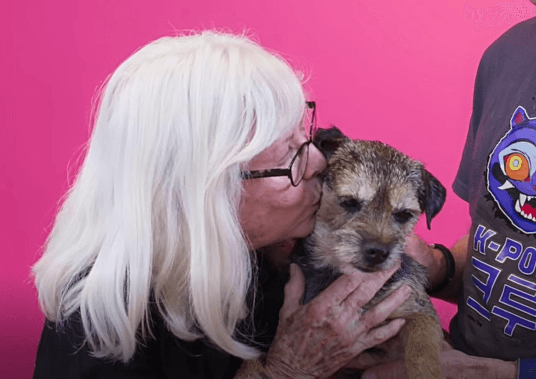 Heartwarming photo of an older couple cuddling their freshly groomed dog to highlight affection, comfort, and trusted grooming results.
