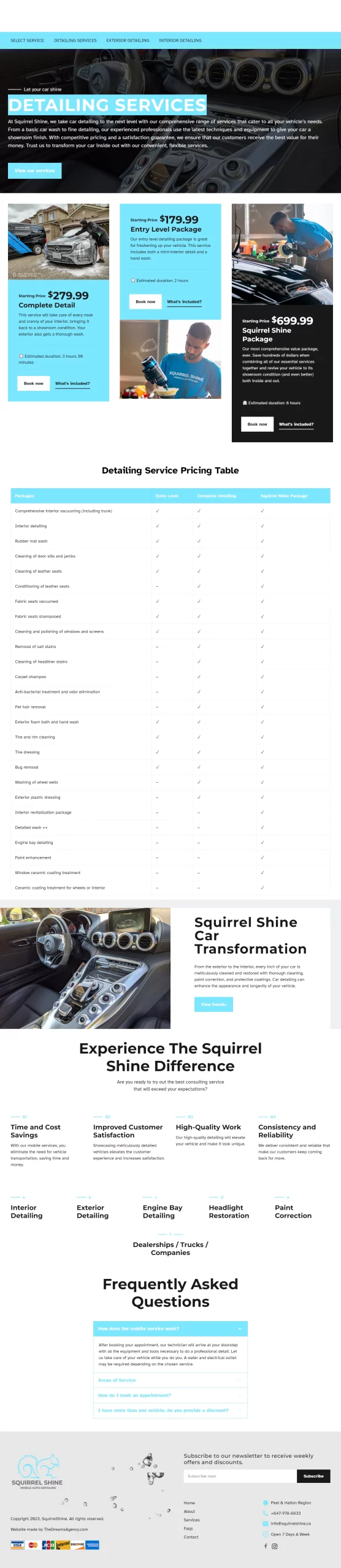 detailing services page for squirrelshine website developed & designed by Dreams Agency Mississauga, Ontario