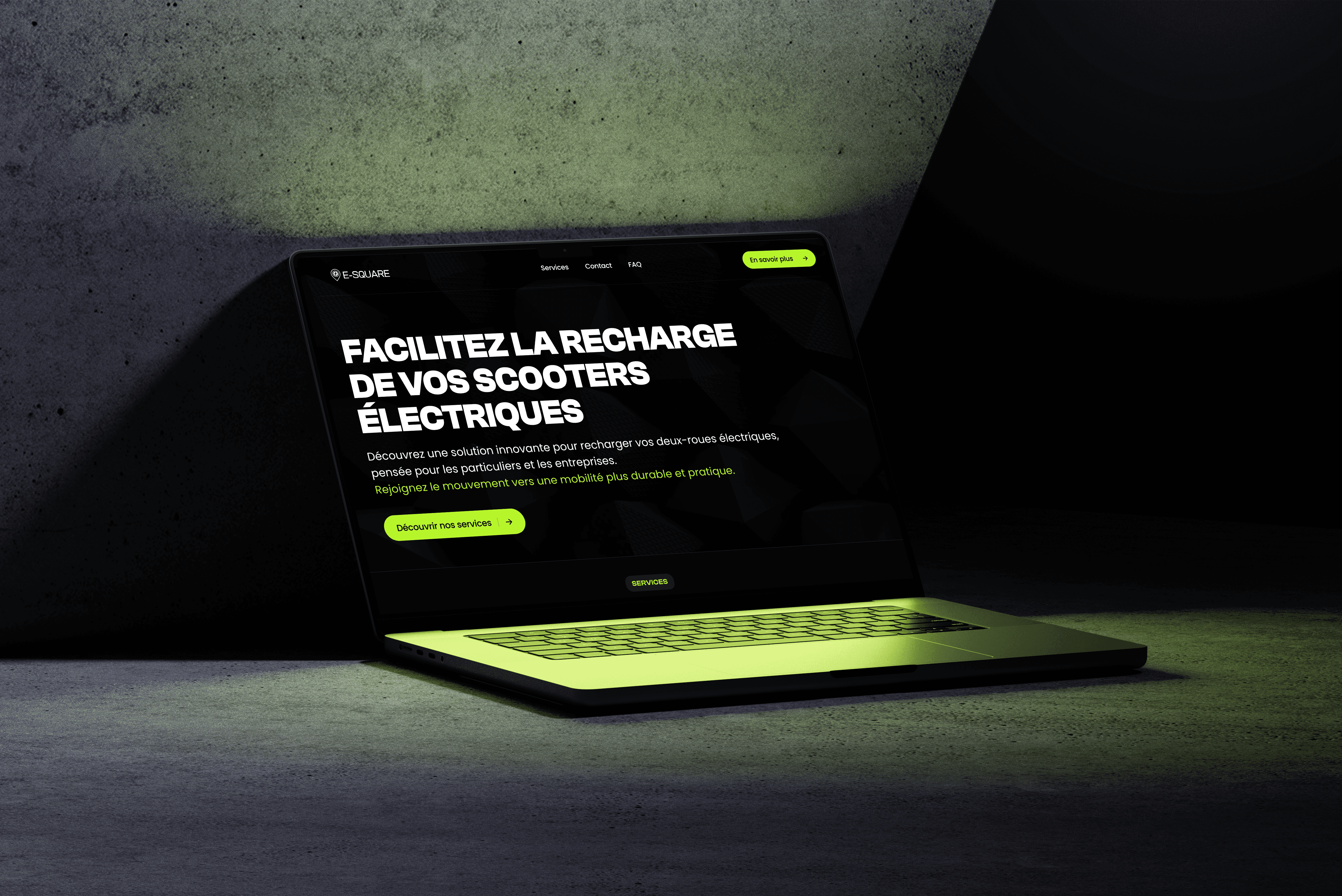 Page d’accueil du site E-Square, interface web no-code au design minimaliste