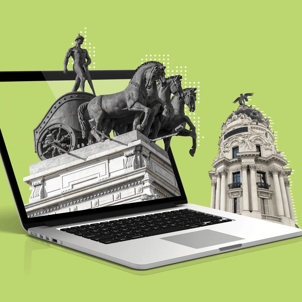 Monumento ecuestre emergiendo de una pantalla de laptop, edificio histórico de fondo, arte digital creativo.