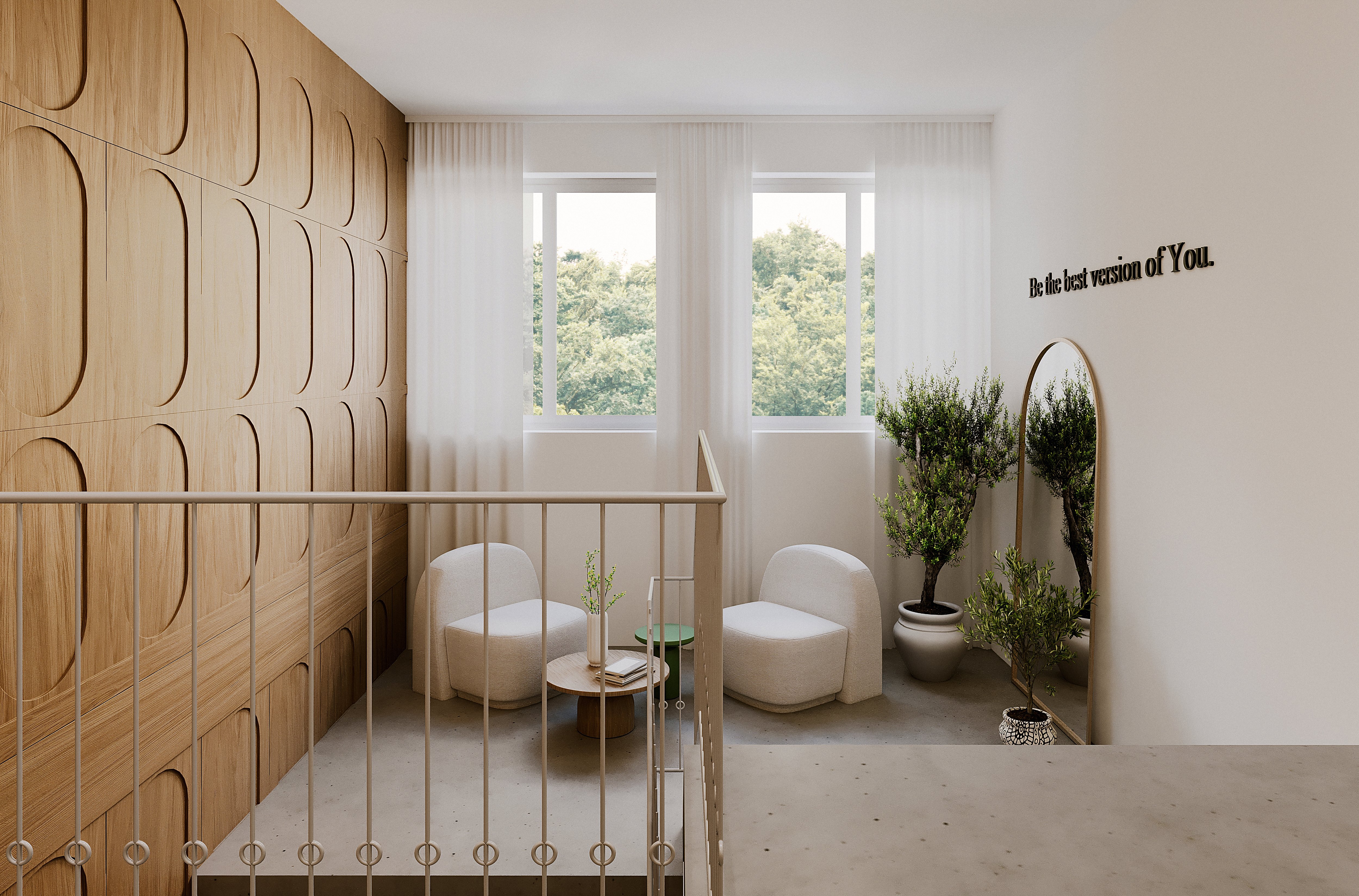 A modern interior space with two chairs, a small table, and plants, featuring warm wood tones and natural light.