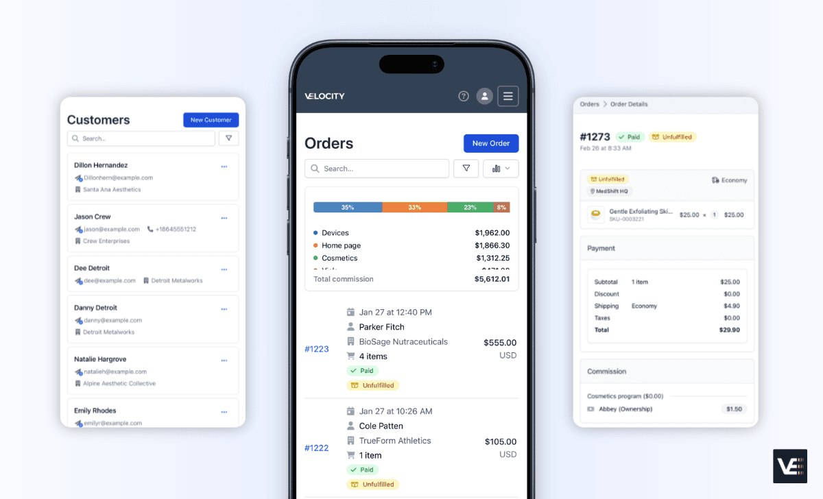 Mobile field sales software interface showing customer accounts and order entry