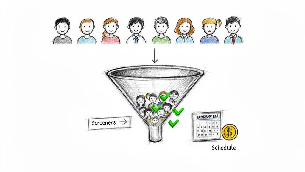 Illustrative drawing of diverse individuals funneled through screeners, leading to a schedule and compensation.
