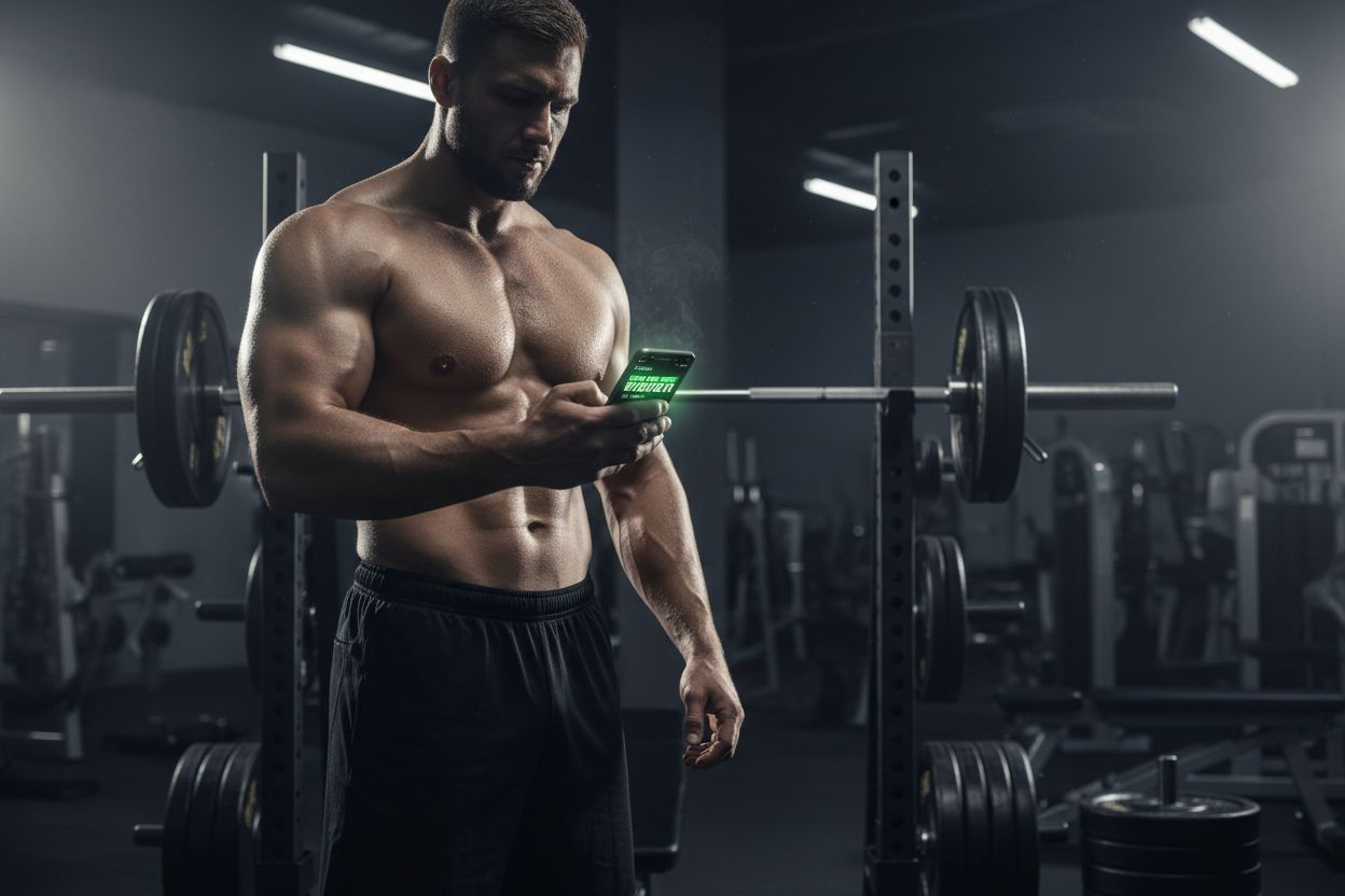 A lifter reviewing a workout log between sets