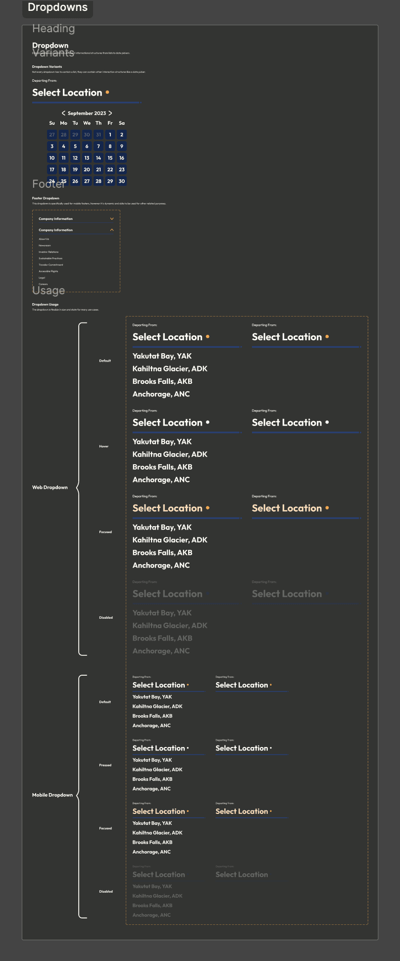 Design system page for dropdown components.