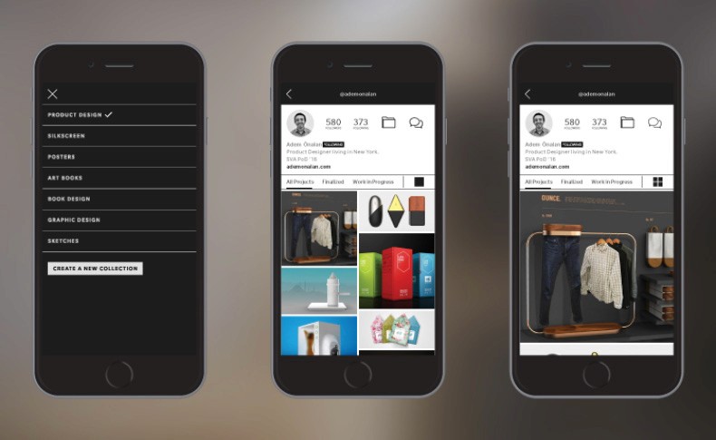 Three smartphones are displayed side by side, each showing a clothing website interface. The leftmost phone has a black background with a “Product Design” checkbox, “Screenshots,” “Posters,” “Art Books,” “Graphic Design,” and “Sketches” checkbox, and a “Create a New Collection” button. The center phone has a white background with a profile picture, icons for “All Projects,” “Fashion,” “Work in Progress,” “All Projects,” and “Fashion,” and a “Work in Progress” button. The rightmost phone has a dark background with a clothing rack image, icons for “All Projects,” “Fashion,” “Work in Progress,” and a “Work in Progress” button. All phones display the website’s interface, including product images and navigation options.