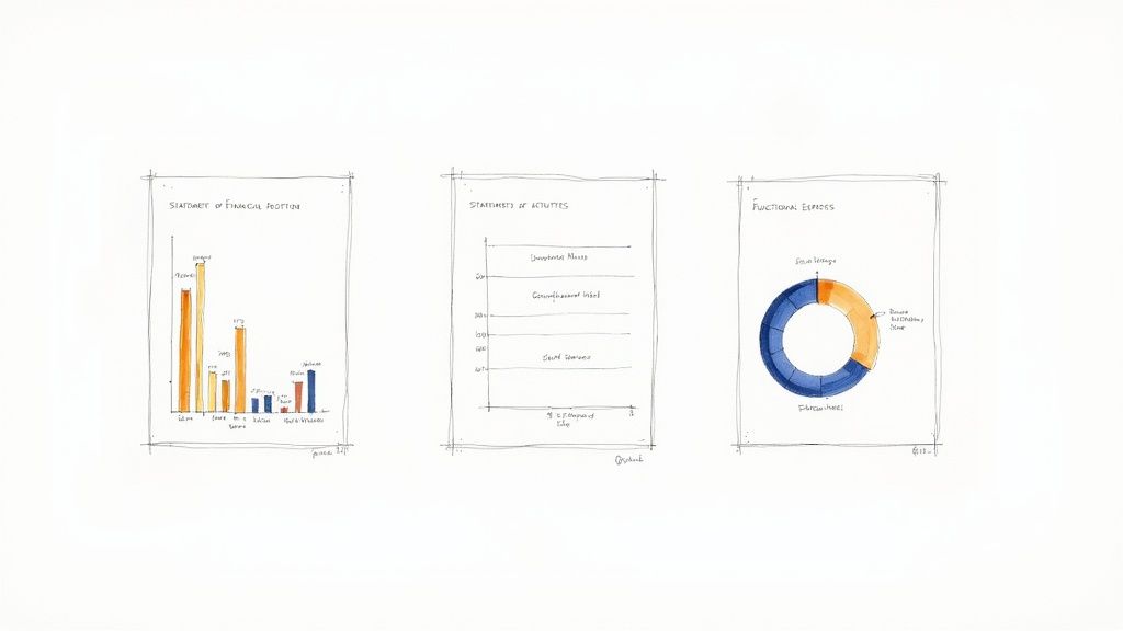Three hand-drawn financial charts: a bar chart, a stacked bar chart, and a donut chart.