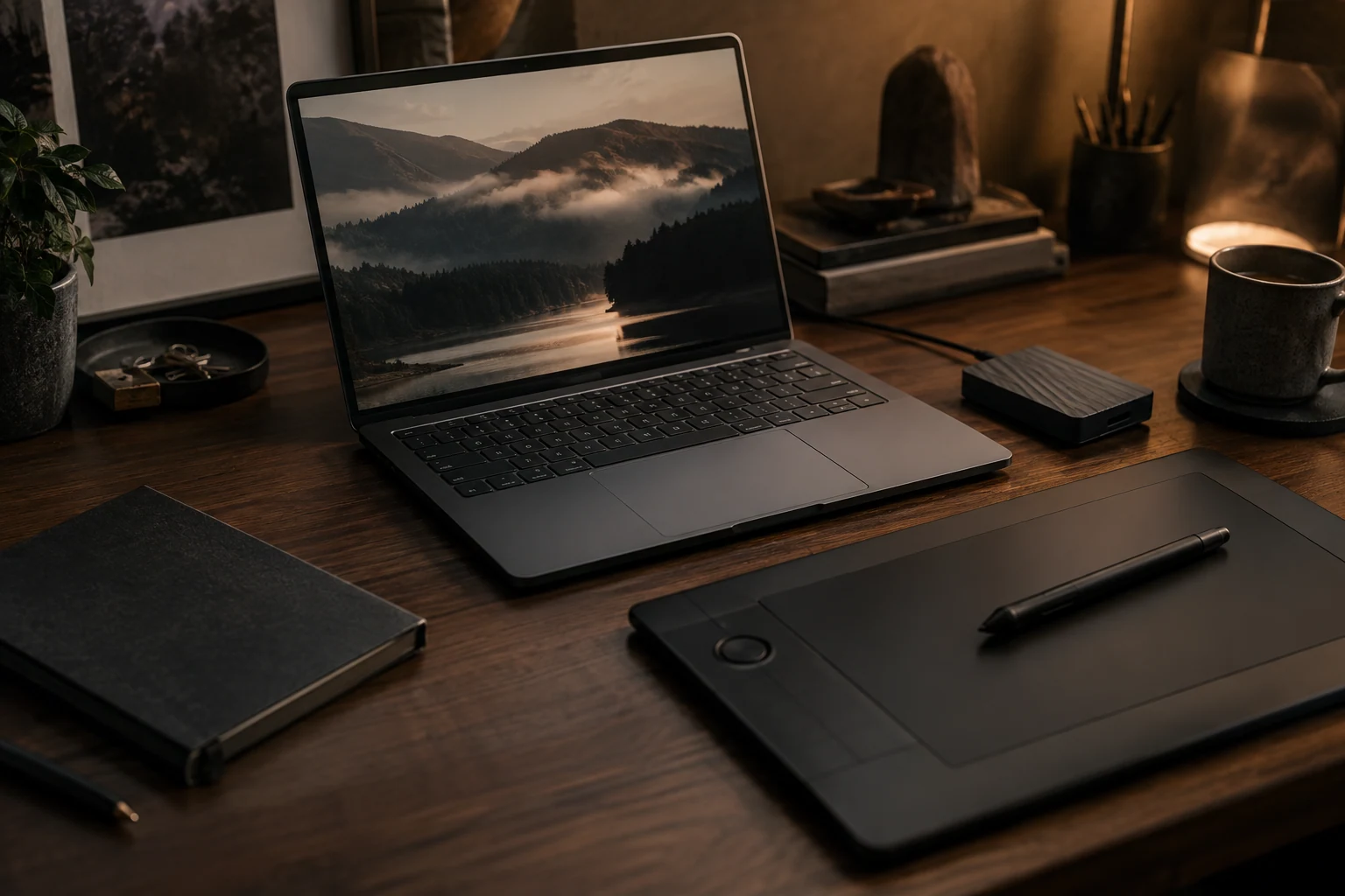 A carefully arranged design studio toolkit: unbranded slim laptop, graphite notebook, modular hard drive and drawing tablet on dark walnut desk