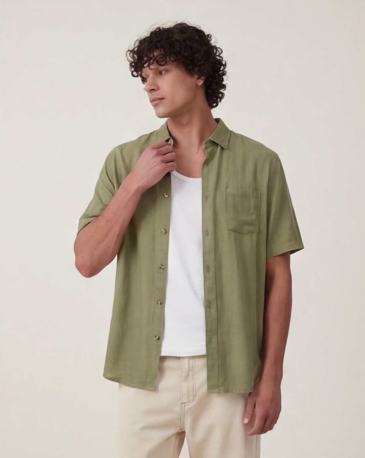 Olive Short Sleeve Shirt with Beige Trousers