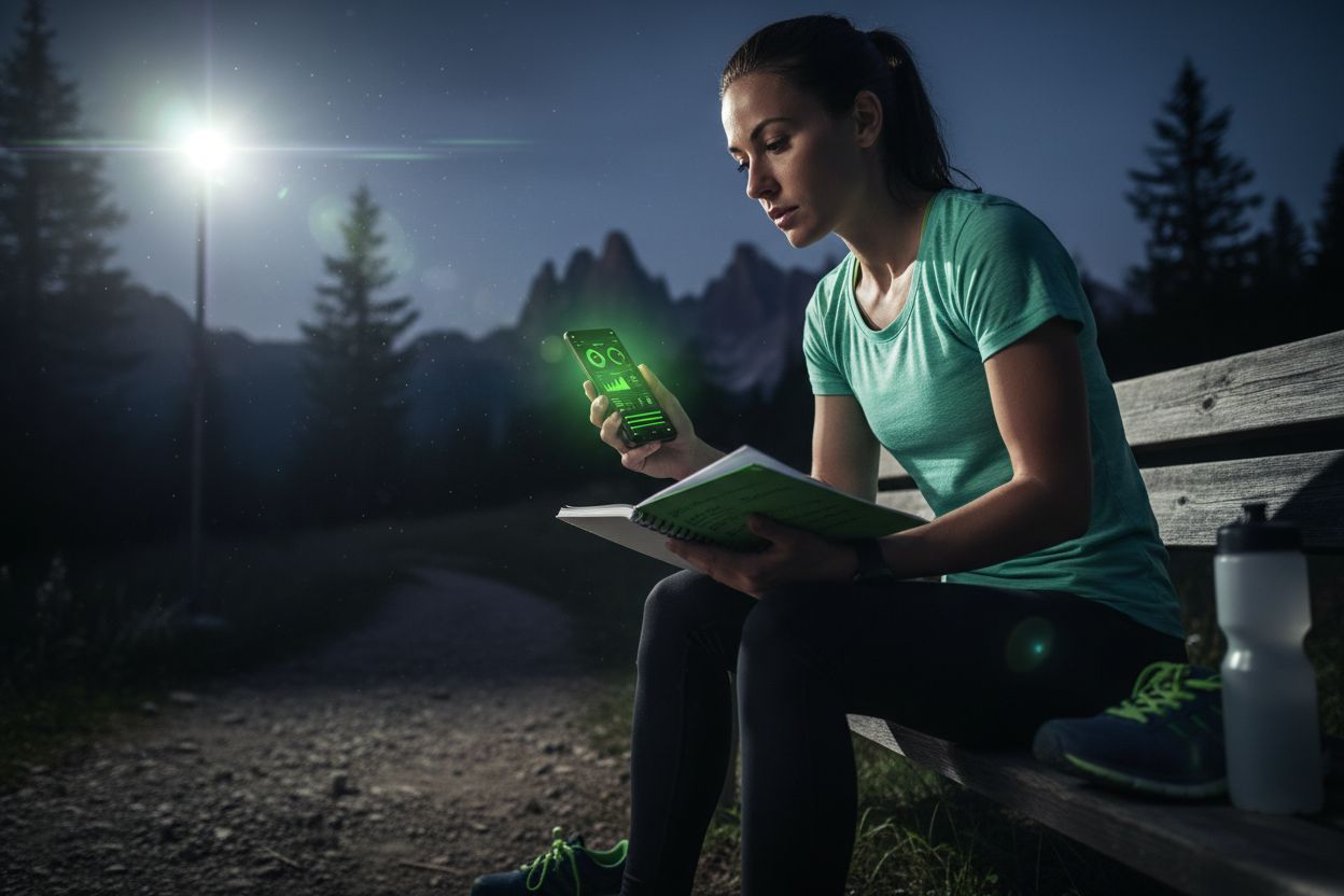 Runner reviewing workout goals on a phone and notebook