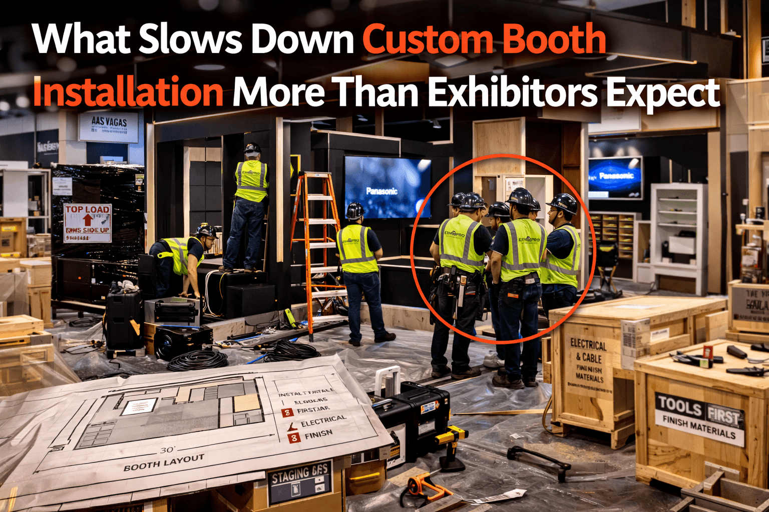 Custom trade show booth installation with a crew bottleneck, open crates, structure work, and floor-pressure conflicts slowing progress during setup