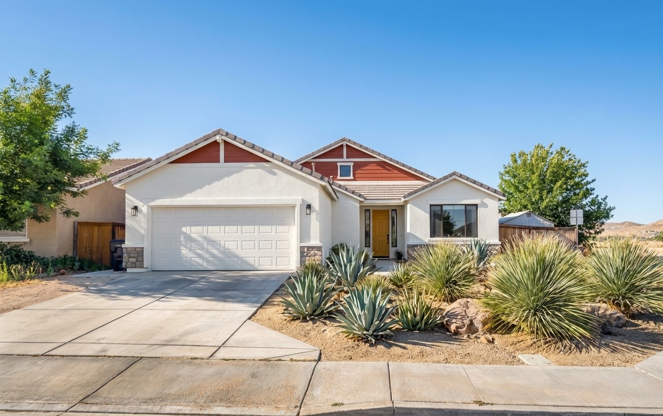 Desert contemporary renovation — warm white stucco, terracotta gables, saffron door, desert landscaping