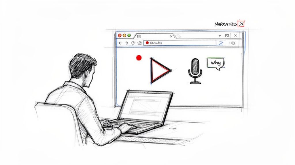 A sketch showing a person narrating a video on a laptop, with recording and microphone icons.