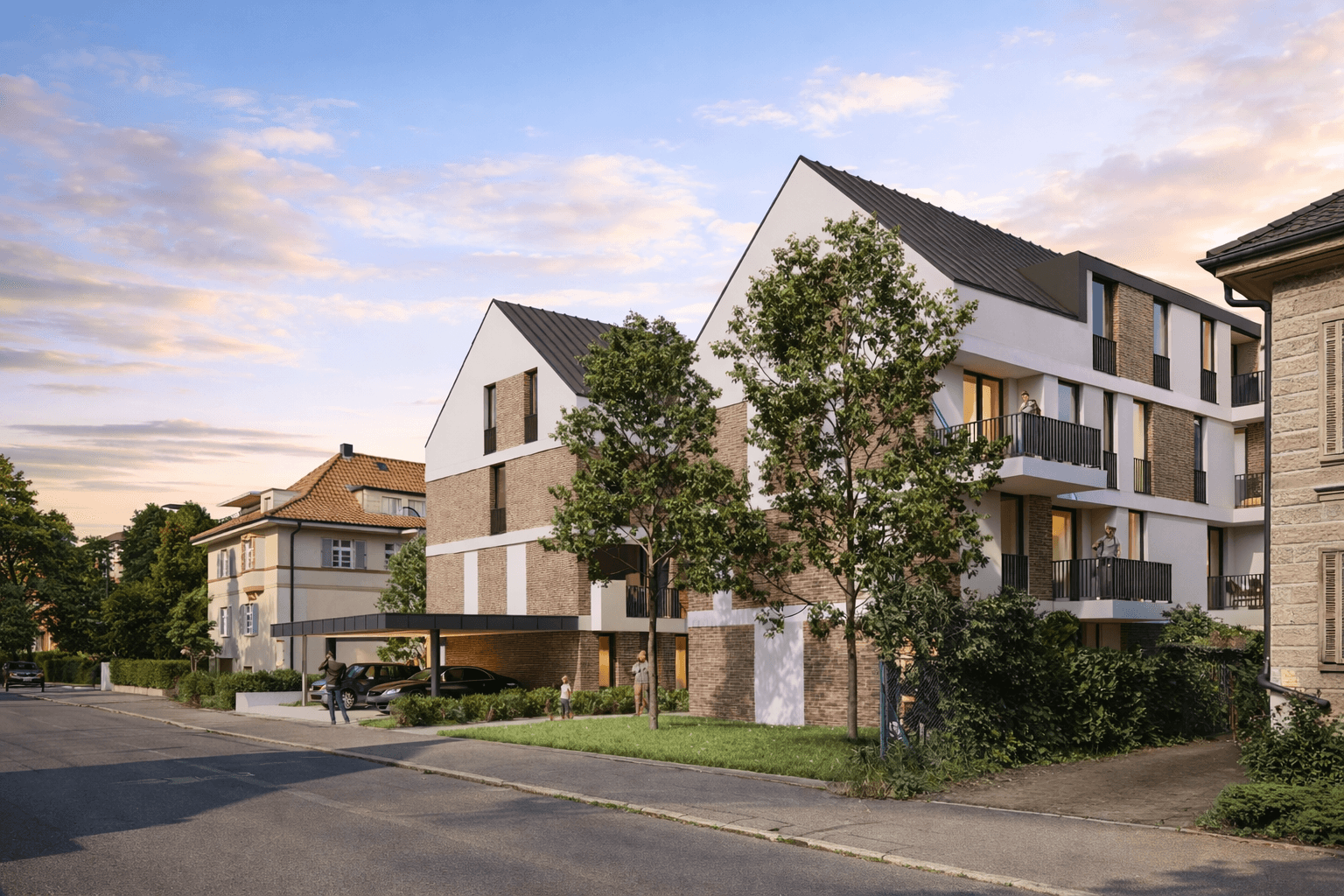 Moderne Architektur des Neubauprojekts Bahnhofstraße 31 in Remshalden-Grunbach. Hochwertige Fassade mit weißem Putz und Klinkersteinen in der Ansicht von der Haupstraße aus mit Carport am Haus unter dem zwei PKW stehen.