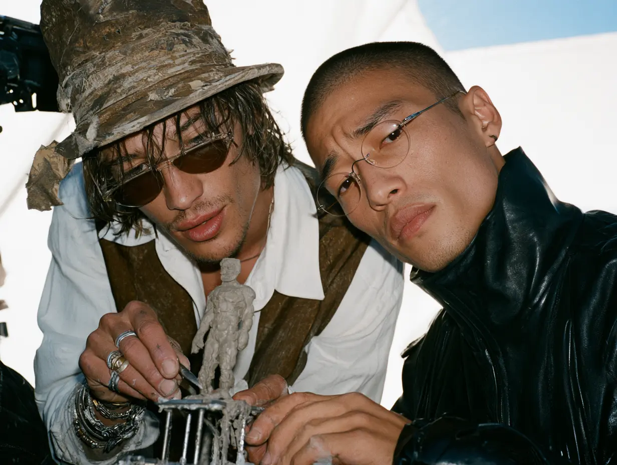 Two artists sculpting a clay figure together in a studio