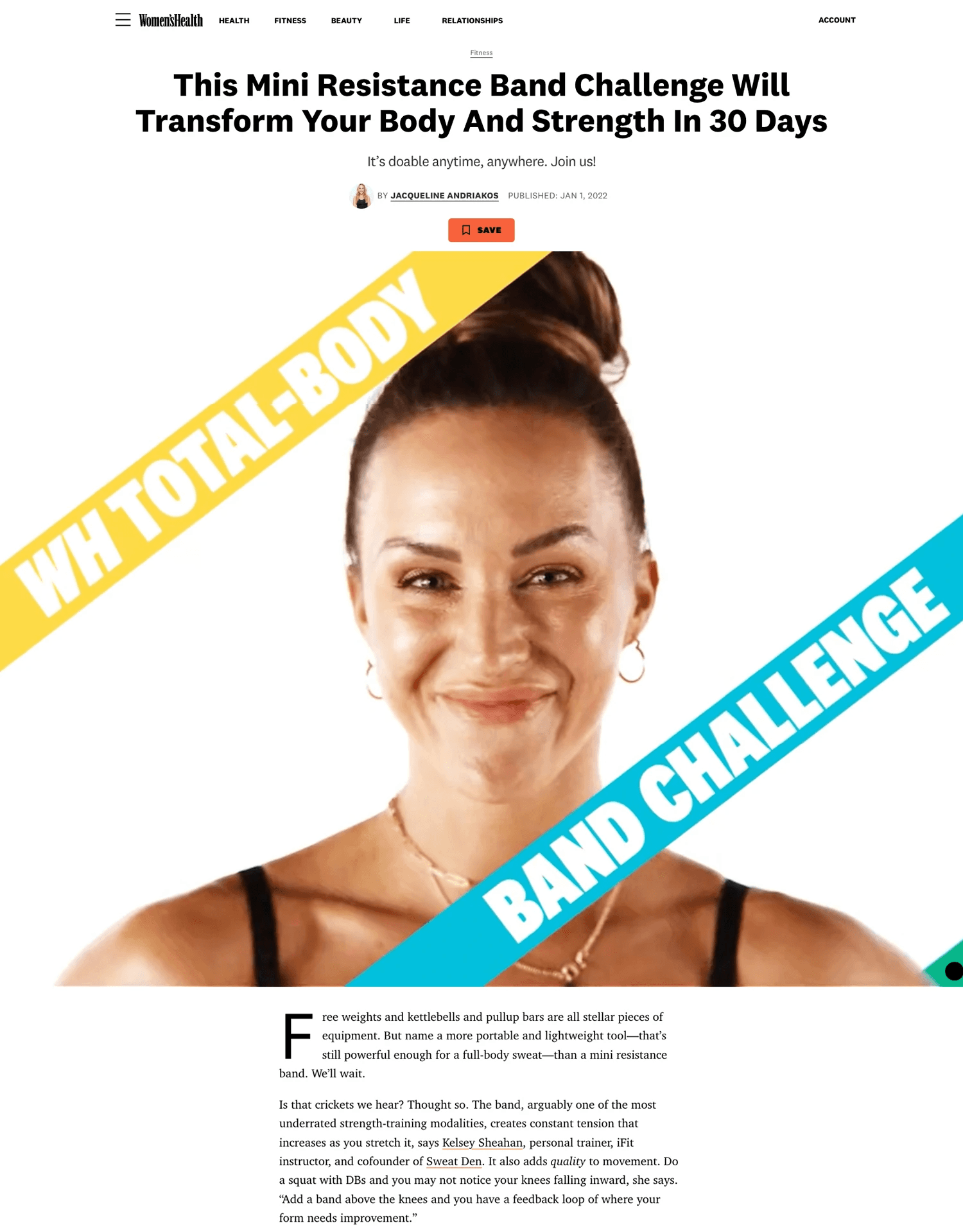 The fitness challenge landing page showing a freeze frame of the trainer with the text WH Total-Body Band Challenge